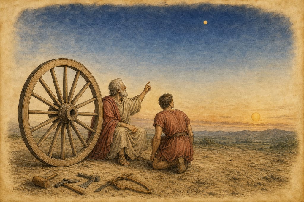 WHY THE SAME STARS APPEAR AT SOME TIMES MORE LOFTY AND AT OTHER TIMES MORE NEAR. Complete modern editorial illustration created specifically for this chapter.