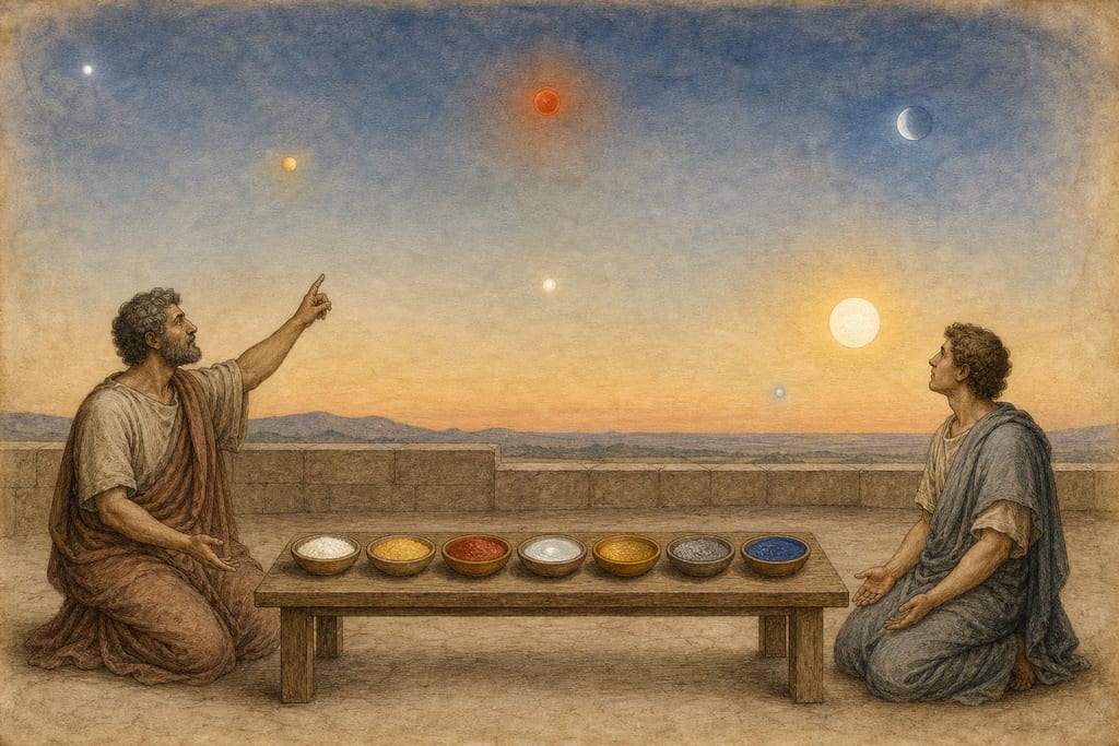 THE REASON WHY THE STARS ARE OF DIFFERENT COLOURS. Complete modern editorial illustration created specifically for this chapter.