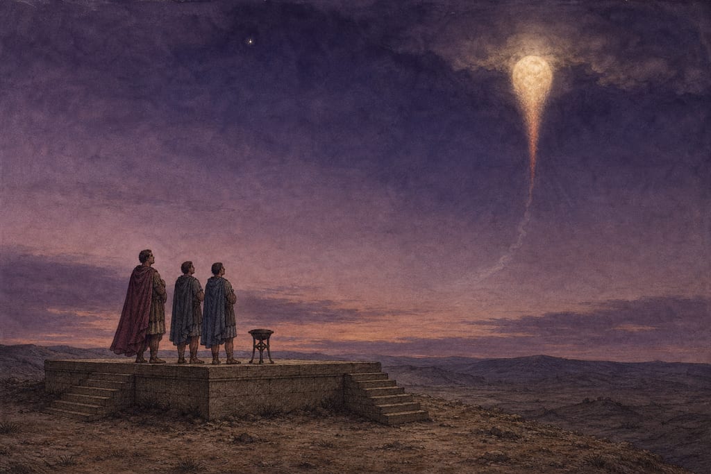 AN OMINOUS APPEARANCE IN THE HEAVENS, THAT WAS SEEN ONCE ONLY. Complete modern editorial illustration created specifically for this chapter.