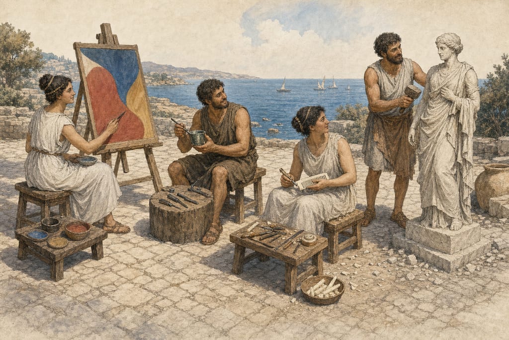 OF PAINTING; ENGRAVING ON BRONZE, MARBLE, AND IVORY; OF CARVING. Complete modern editorial illustration created specifically for this chapter.