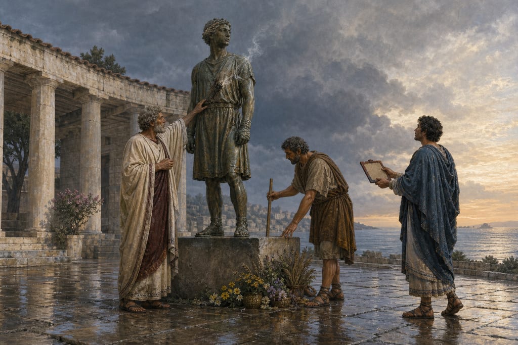 THE MAN WHOM THE GODS ORDERED TO BE WORSHIPPED DURING HIS LIFE-TIME; A REMARKABLE FLASH OF LIGHTNING. Complete modern editorial illustration created specifically for this chapter.