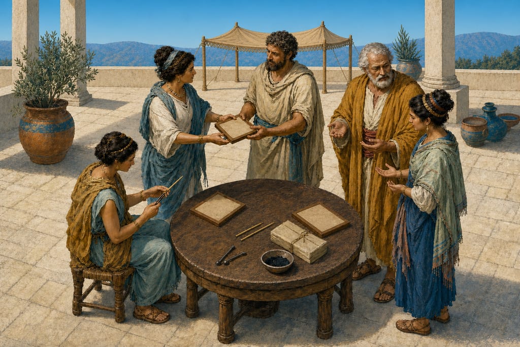 THE THINGS ABOUT WHICH MANKIND FIRST OF ALL AGREED. THE ANCIENT LETTERS. Complete modern editorial illustration created specifically for this chapter.