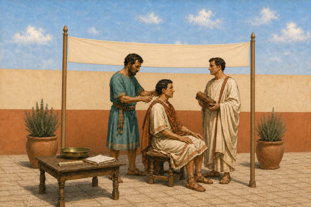 WHEN BARBERS WERE FIRST EMPLOYED. Complete modern editorial illustration created specifically for this chapter.