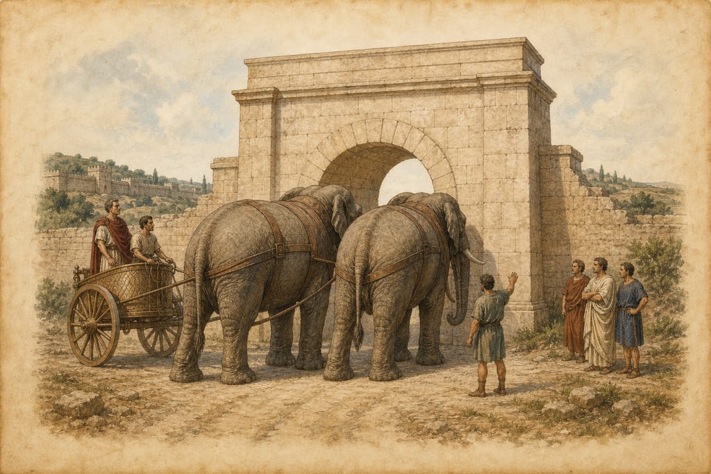 WHEN ELEPHANTS WERE FIRST PUT INTO HARNESS. Complete modern editorial illustration created specifically for this chapter.