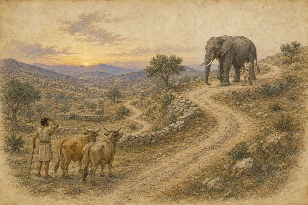 WHEN ELEPHANTS WERE FIRST SEEN IN ITALY. Complete modern editorial illustration created specifically for this chapter.