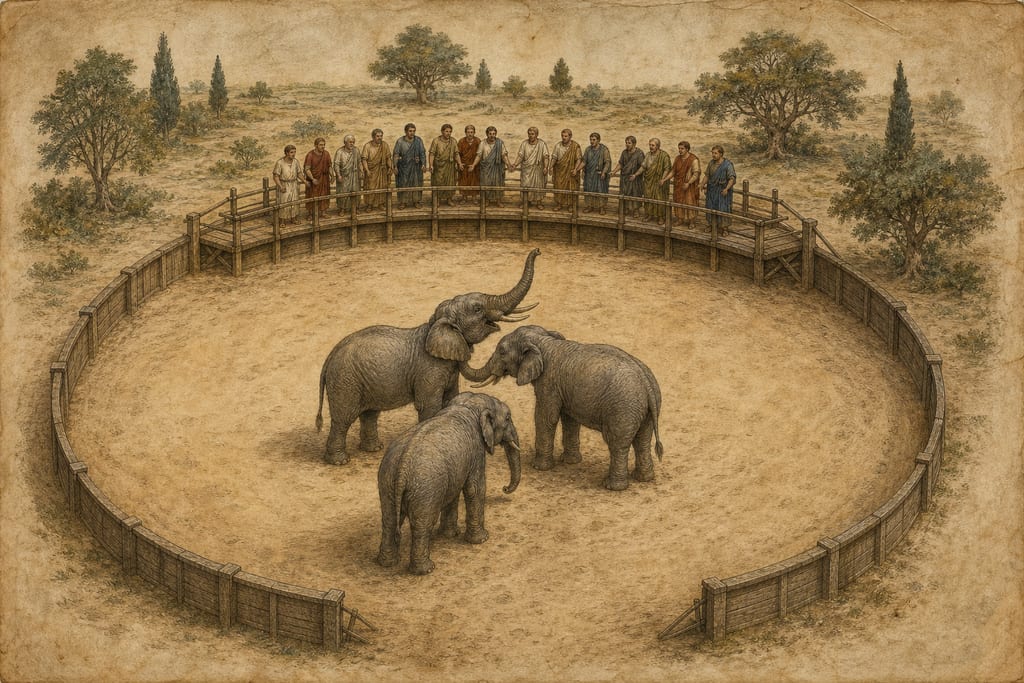 THE COMBATS OF ELEPHANTS. Complete modern editorial illustration created specifically for this chapter.