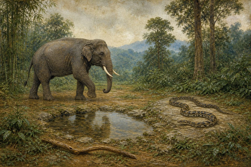 IN WHAT COUNTRIES THE ELEPHANT IS FOUND; THE ANTIPATHY OF THE ELEPHANT AND THE DRAGON. Complete modern editorial illustration created specifically for this chapter.