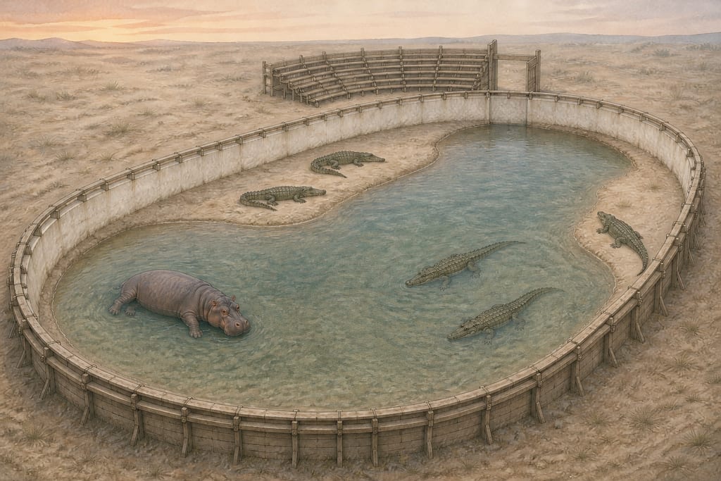 WHO FIRST EXHIBITED THE HIPPOPOTAMUS AND THE CROCODILE AT ROME. Complete modern editorial illustration created specifically for this chapter.