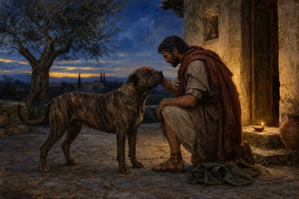 THE QUALITIES OF THE DOG; EXAMPLES OF ITS ATTACHMENT TO ITS MASTER; NATIONS WHICH HAVE KEPT DOGS FOR THE PURPOSES OF WAR. Complete modern editorial illustration created specifically for this chapter.