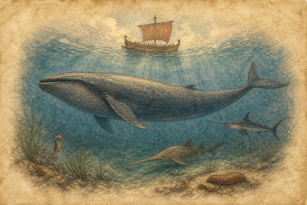 WHY THE LARGEST ANIMALS ARE FOUND IN THE SEA. Complete modern editorial illustration created specifically for this chapter.