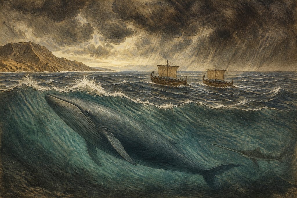 THE SEA MONSTERS OF THE INDIAN OCEAN. Complete modern editorial illustration created specifically for this chapter.