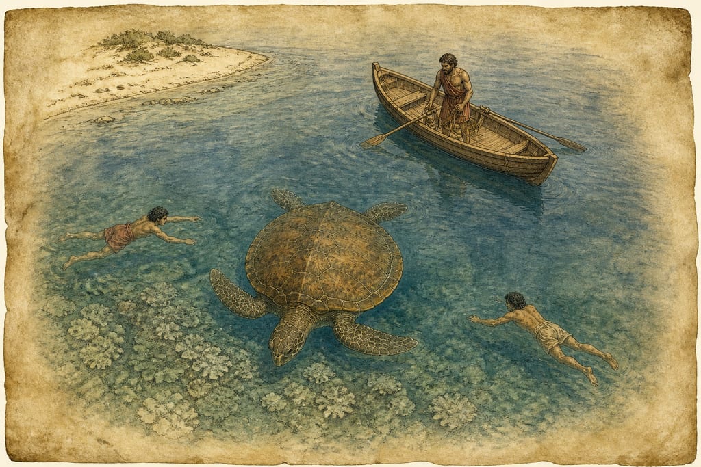 TURTLES. THE VARIOUS KINDS OF TURTLES, AND HOW THEY ARE CAUGHT. Complete modern editorial illustration created specifically for this chapter.