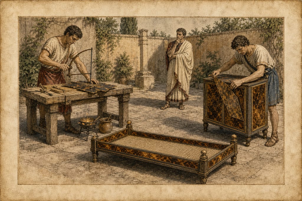 WHO FIRST INVENTED THE ART OF CUTTING TORTOISE-SHELL. Complete modern editorial illustration created specifically for this chapter.