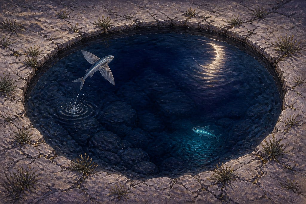 FISHES WHICH FLY ABOVE THE WATER.—THE SEA-SWALLOW.—THE FISH THAT SHINES IN THE NIGHT.—THE HORNED FISH.—THE SEA-DRAGON. Complete modern editorial illustration created specifically for this chapter.