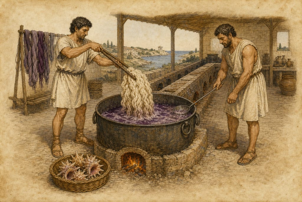 HOW WOOLS ARE DYED WITH THE JUICES OF THE PURPLE. Complete modern editorial illustration created specifically for this chapter.