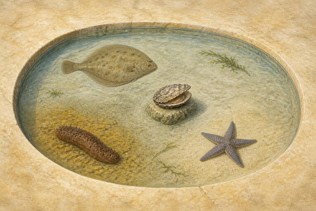 FISHES WHICH ARE ENCLOSED IN A STONY SHELL—SEA ANIMALS WHICH HAVE NO SENSATION—-OTHER ANIMALS WHICH LIVE IN THE MUD. Complete modern editorial illustration created specifically for this chapter.