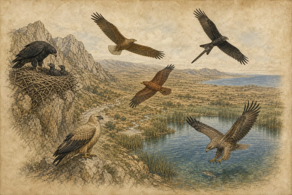 THE DIFFERENT KINDS OF EAGLES. Complete modern editorial illustration created specifically for this chapter.