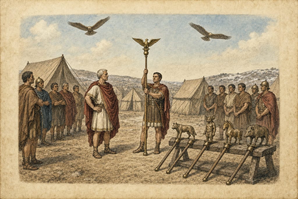 WHEN THE EAGLE WAS FIRST USED AS THE STANDARD OF THE ROMAN LEGIONS. Complete modern editorial illustration created specifically for this chapter.