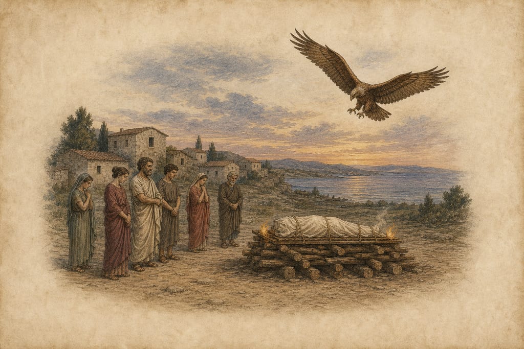 AN EAGLE WHICH PRECIPITATED ITSELF ON THE FUNERAL PILE OF A GIRL. Complete modern editorial illustration created specifically for this chapter.