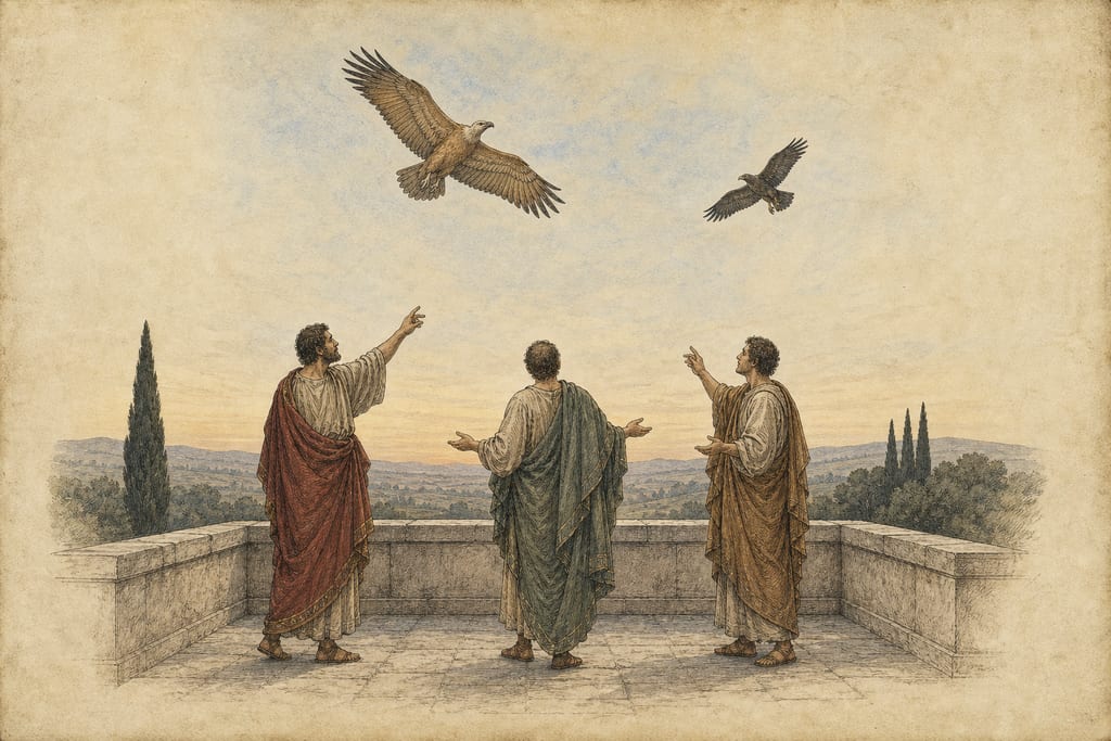 THE BIRDS CALLED SANGUALIS AND IMMUSULUS. Complete modern editorial illustration created specifically for this chapter.