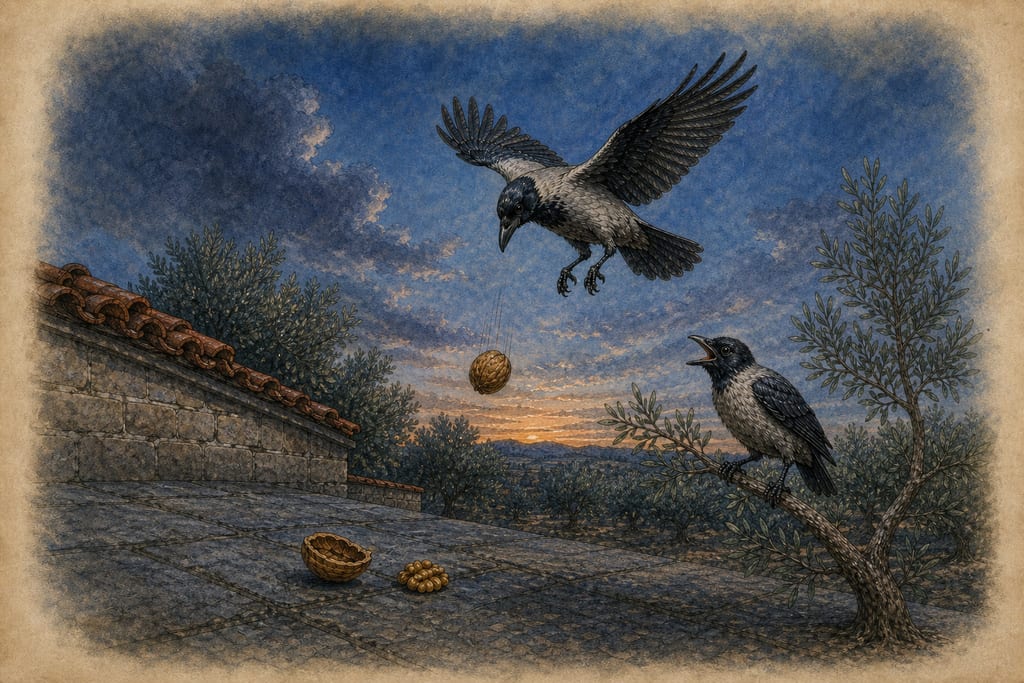CROWS. BIRDS OF ILL OMEN. AT WHAT SEASONS THEY ARE NOT INAUSPICIOUS. Complete modern editorial illustration created specifically for this chapter.