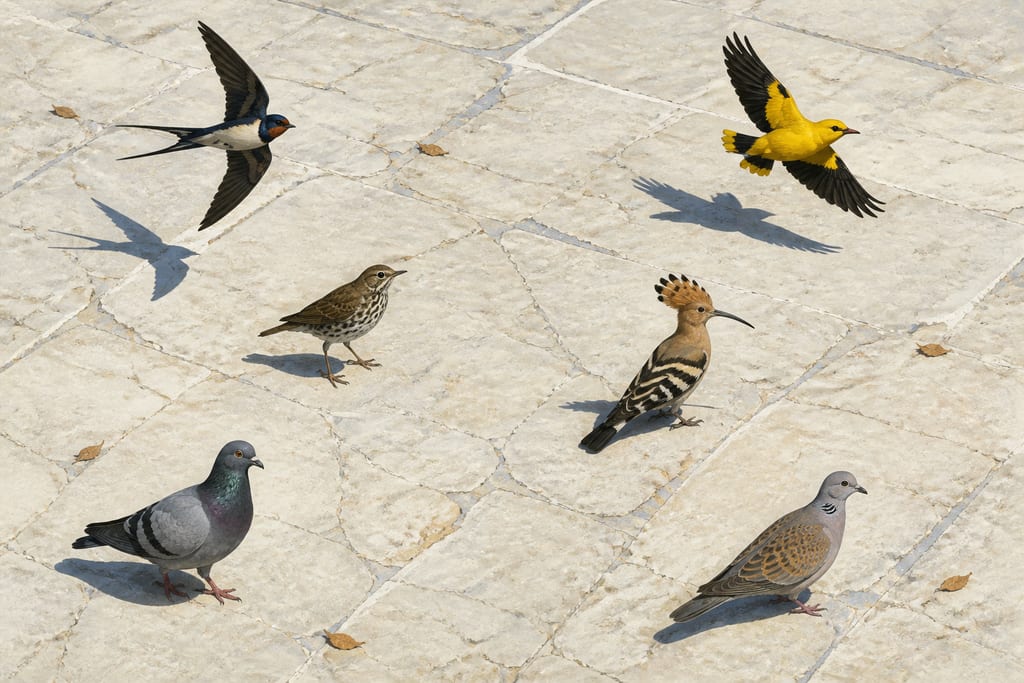 BIRDS WHICH REMAIN WITH US THROUGHOUT THE YEAR; BIRDS WHICH REMAIN WITH US ONLY SIX OR THREE MONTHS; WITWALLS AND HOOPOES. Complete modern editorial illustration created specifically for this chapter.