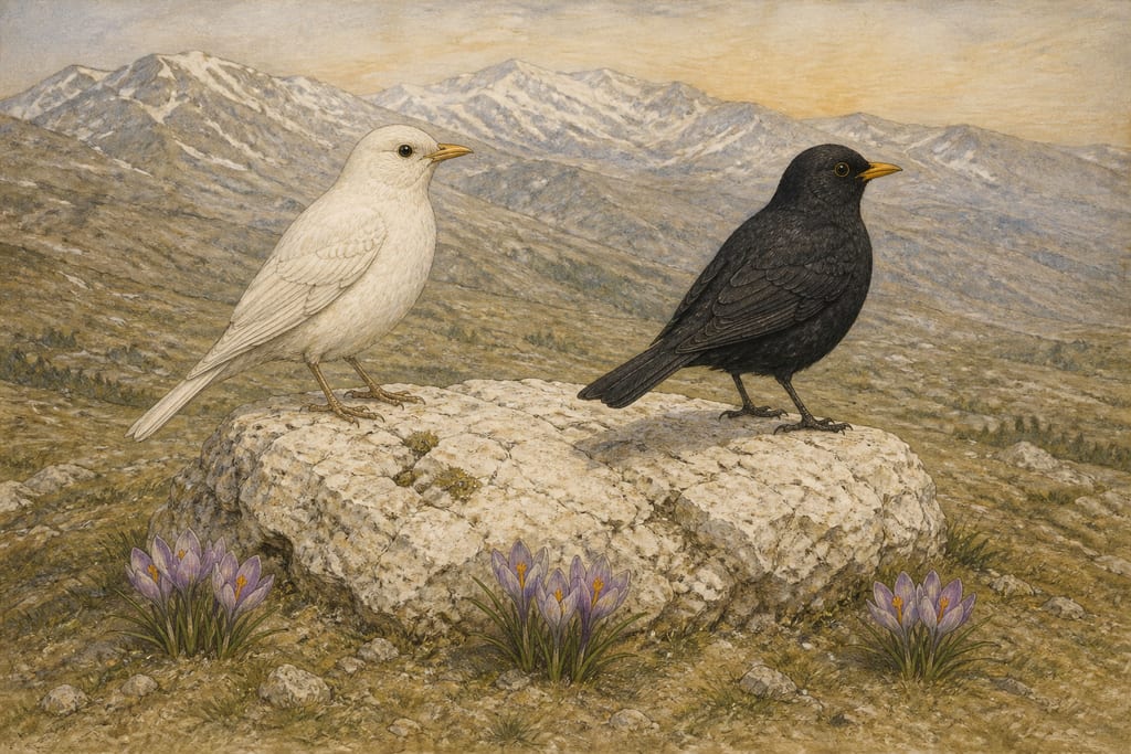 THE ŒNANTHE, THE CHLORION, THE BLACKBIRD, AND THE IBIS. Complete modern editorial illustration created specifically for this chapter.