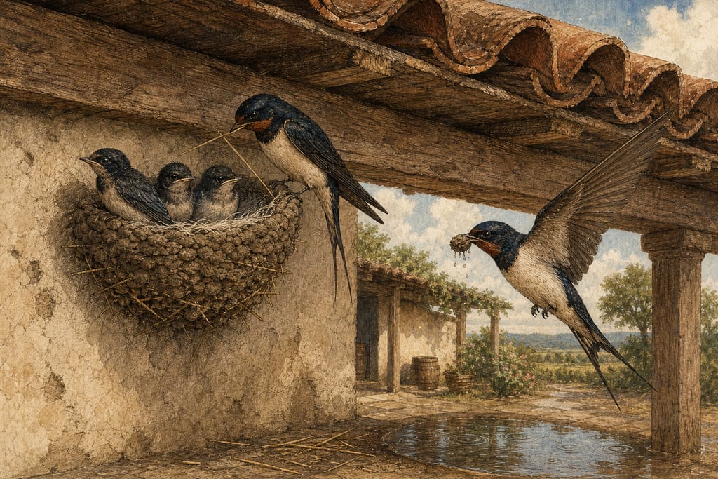 THE INSTINCTIVE CLEVERNESS DISPLAYED BY BIRDS IN THE CONSTRUCTION OF THEIR NESTS. THE WONDERFUL WORKS OF THE SWALLOW. THE BANK-SWALLOW. Complete modern editorial illustration created specifically for this chapter.