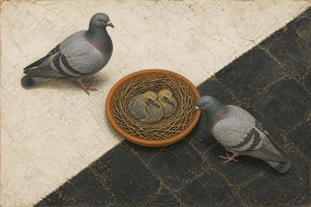PIGEONS. Complete modern editorial illustration created specifically for this chapter.