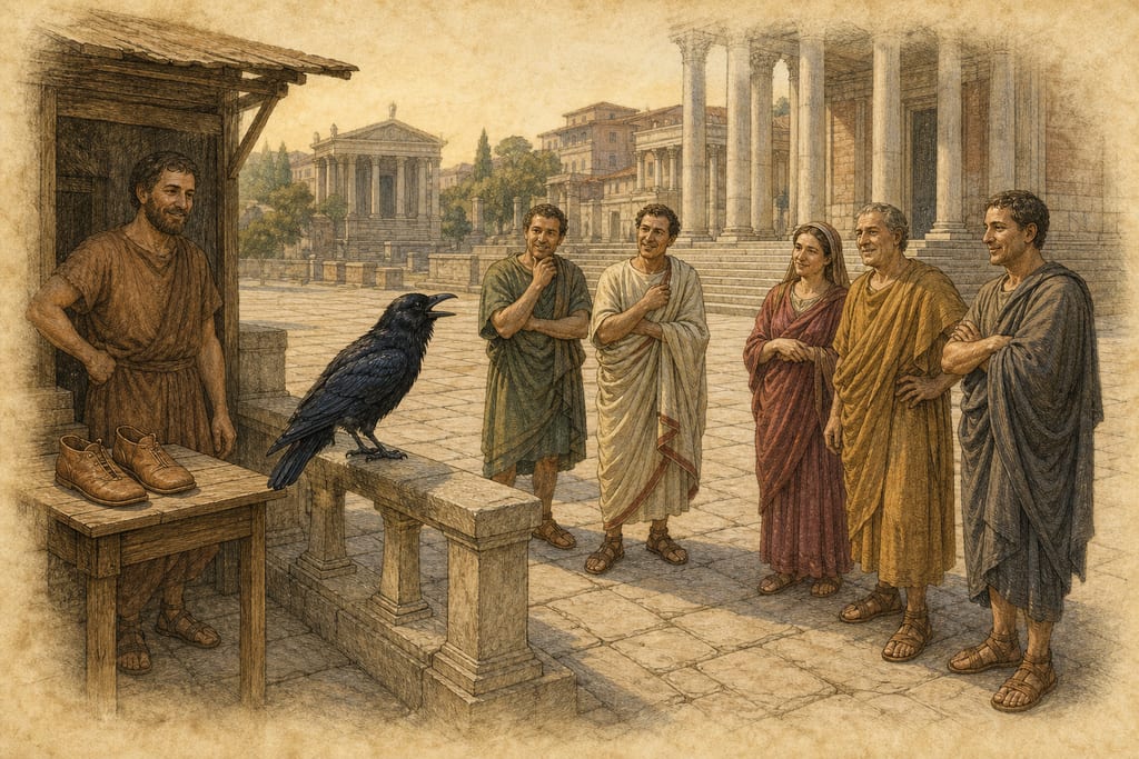 A SEDITION THAT AROSE AMONG THE ROMAN PEOPLE, IN CONSEQUENCE OF A RAVEN SPEAKING. Complete modern editorial illustration created specifically for this chapter.