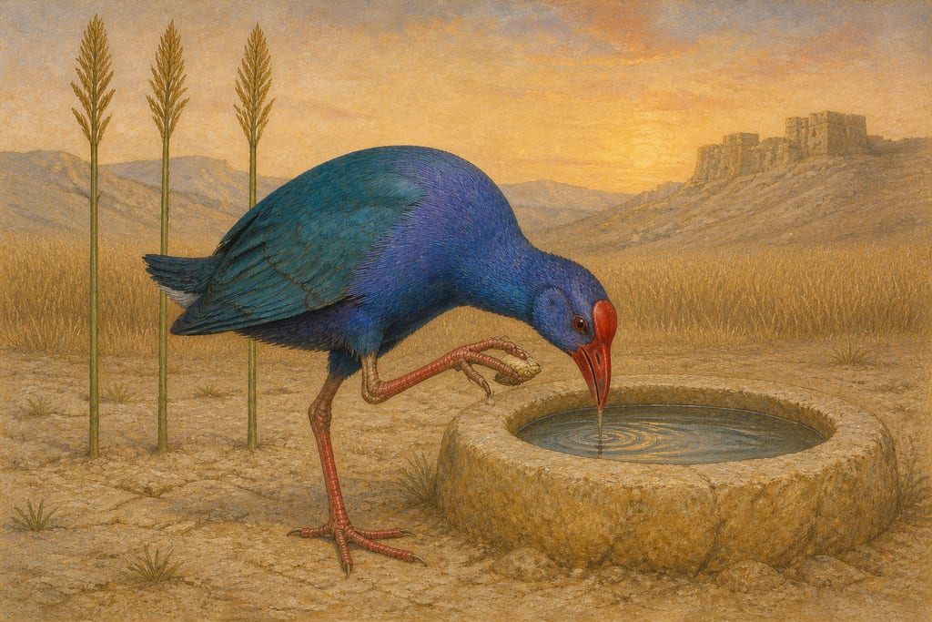 THE MODE OF DRINKING WITH BIRDS. THE PORPHYRIO. Complete modern editorial illustration created specifically for this chapter.