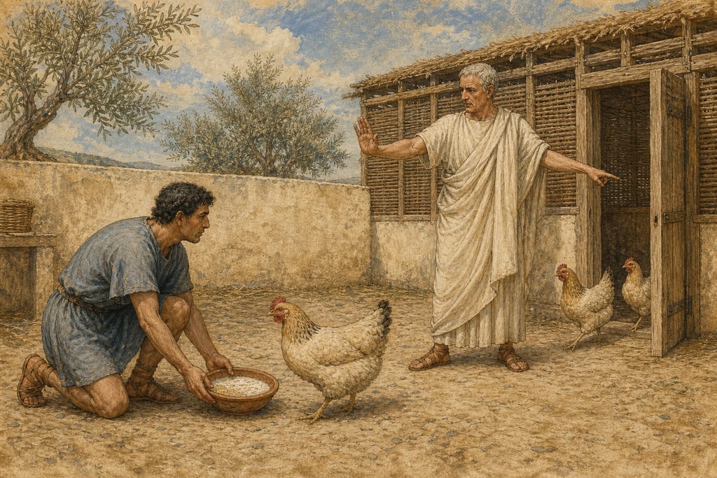 WHO FIRST INVENTED THE ART OF CRAMMING POULTRY: WHY THE FIRST CENSORS FORBADE THIS PRACTICE. Complete modern editorial illustration created specifically for this chapter.
