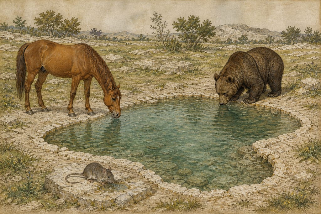 DIVERSITIES IN THE DRINKING OF ANIMALS. Complete modern editorial illustration created specifically for this chapter.