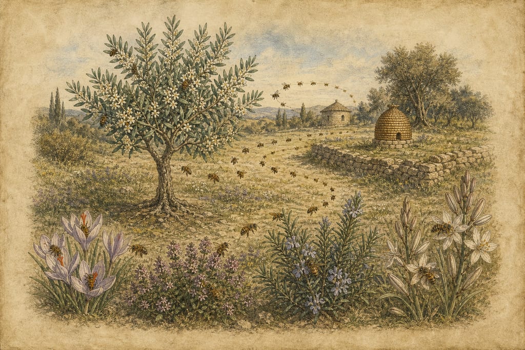 WHAT FLOWERS ARE USED BY THE BEES IN THEIR WORK. Complete modern editorial illustration created specifically for this chapter.