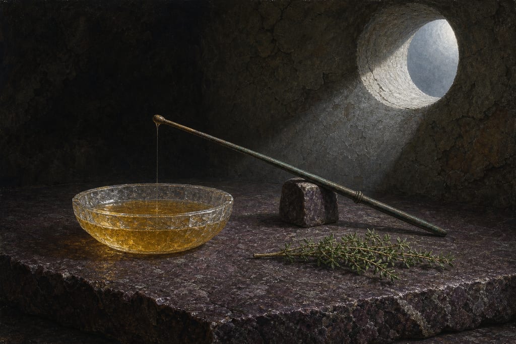 HOW HONEY IS TESTED. ERICÆUM. TETRALIX, OR SISIRUM. Complete modern editorial illustration created specifically for this chapter.
