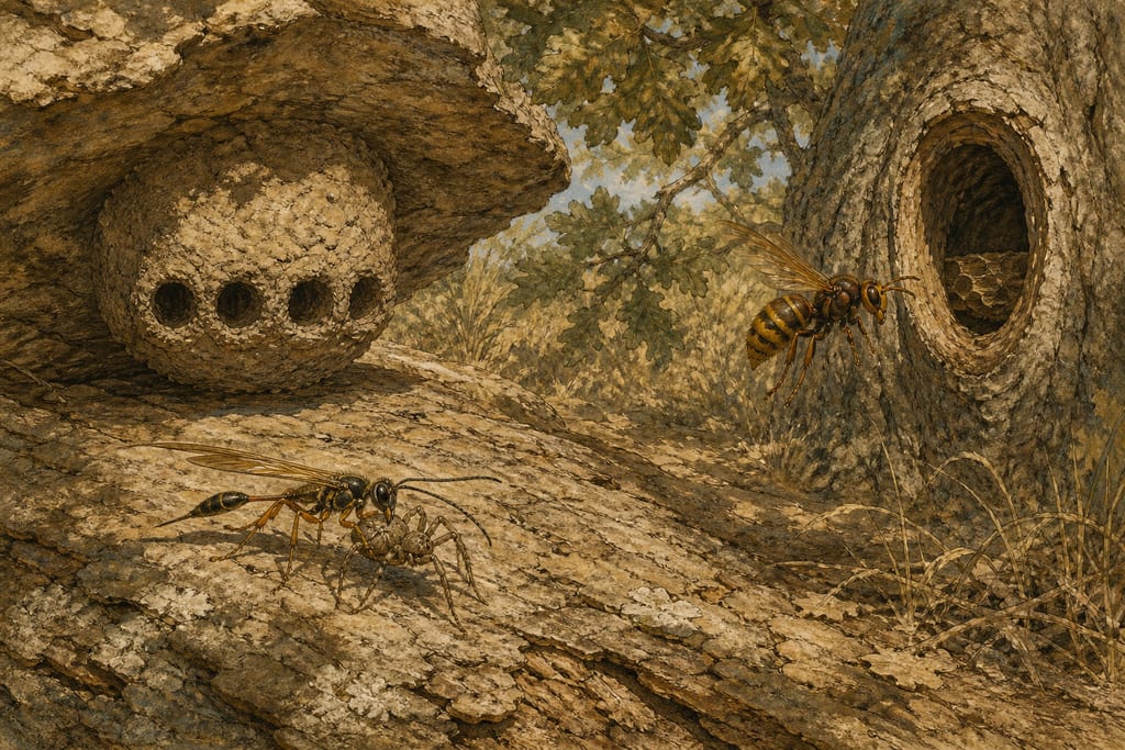 WASPS AND HORNETS: ANIMALS WHICH APPROPRIATE WHAT BELONGS TO OTHERS. Complete modern editorial illustration created specifically for this chapter.