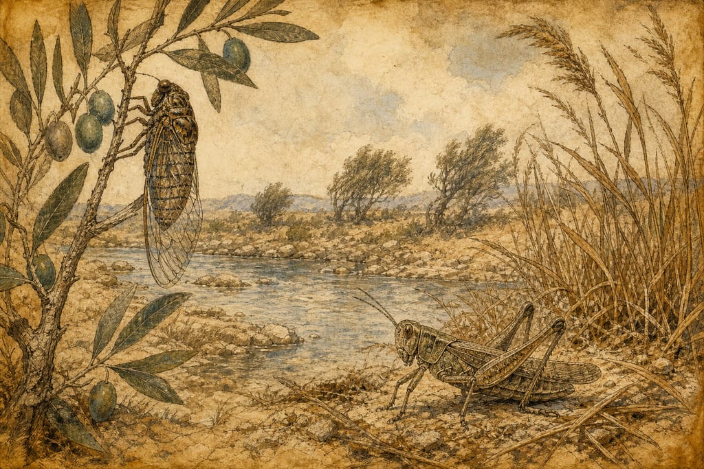 THE GRASSHOPPER: THAT IT HAS NEITHER MOUTH NOR OUTLET FOR FOOD. Complete modern editorial illustration created specifically for this chapter.