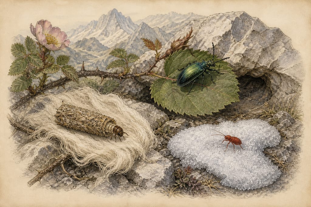 MOTHS, CANTHARIDES, GNATS—AN INSECT THAT BREEDS IN THE SNOW. Complete modern editorial illustration created specifically for this chapter.