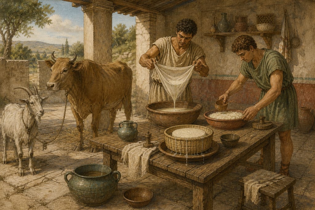THE MILK: THE BIESTINGS. CHEESE; OF WHAT MILK CHEESE CANNOT BE MADE. RENNET; THE VARIOUS KINDS OF ALIMENT IN MILK. Complete modern editorial illustration created specifically for this chapter.