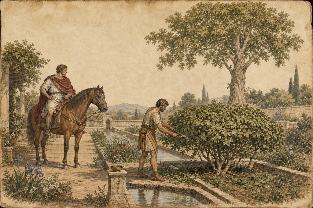 THE CHAMÆPLATANUS. WHO WAS THE FIRST TO CLIP GREEN SHRUBS. Complete modern editorial illustration created specifically for this chapter.