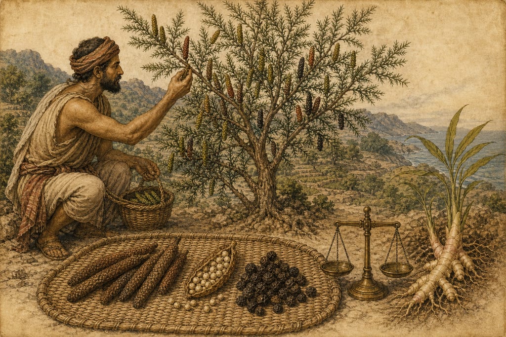 THE PEPPER-TREE.—THE VARIOUS KINDS OF PEPPER—BREGMA—ZINGIBERI, OR ZIMPIBERI. Complete modern editorial illustration created specifically for this chapter.