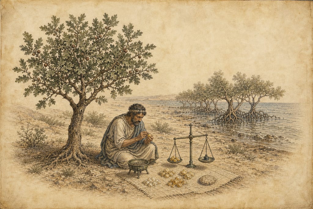 TREES OF BACTRIANA, BDELLIUM, OR BROCHON, OTHERWISE MALACHA, OR MALDACON, SCORDASTUM. ADULTERATIONS USED IN ALL SPICES AND AROMATICS; THE VARIOUS TESTS OF THEM AND THEIR RESPECTIVE VALUES. Complete modern editorial illustration created specifically for this chapter.