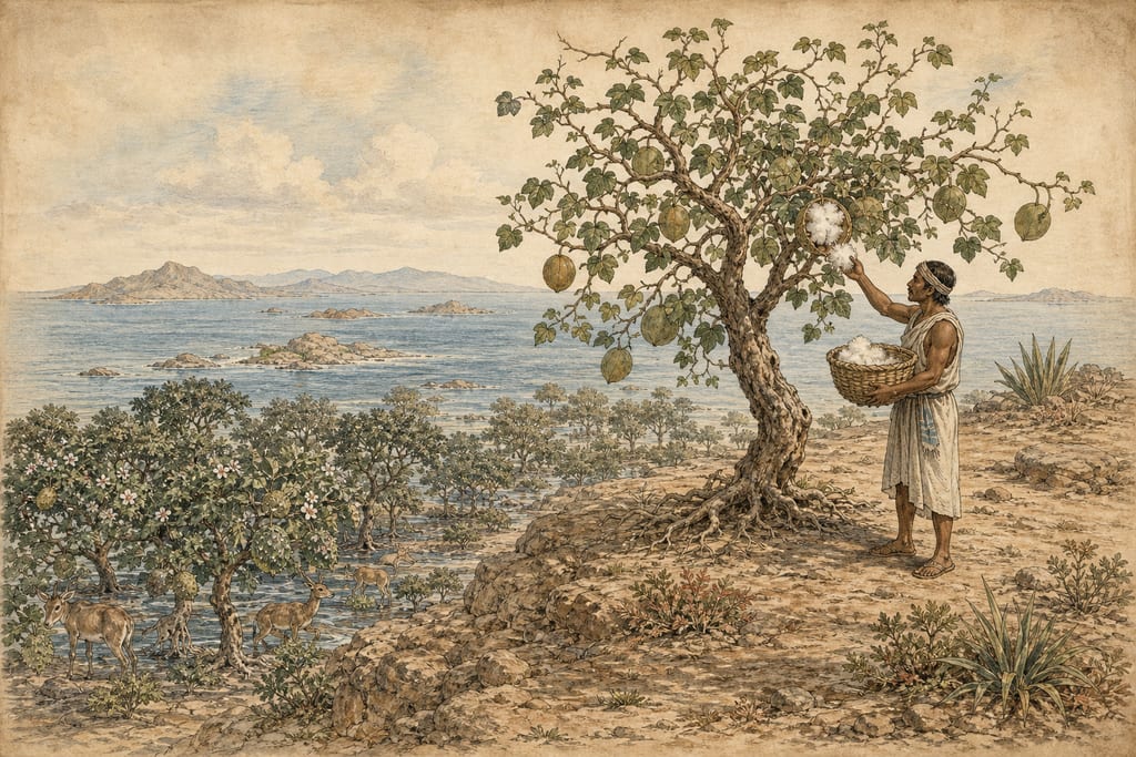 TREES OF THE ISLANDS OF THE PERSIAN SEA. THE COTTON TREE. Complete modern editorial illustration created specifically for this chapter.