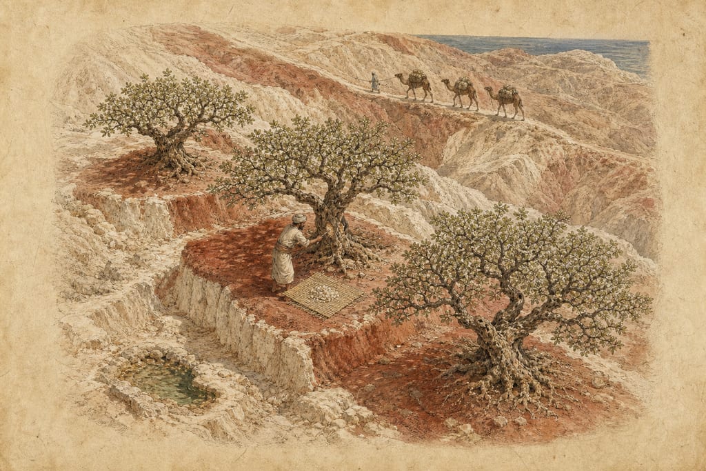 THE TREES THAT BEAR FRANKINCENSE. Complete modern editorial illustration created specifically for this chapter.