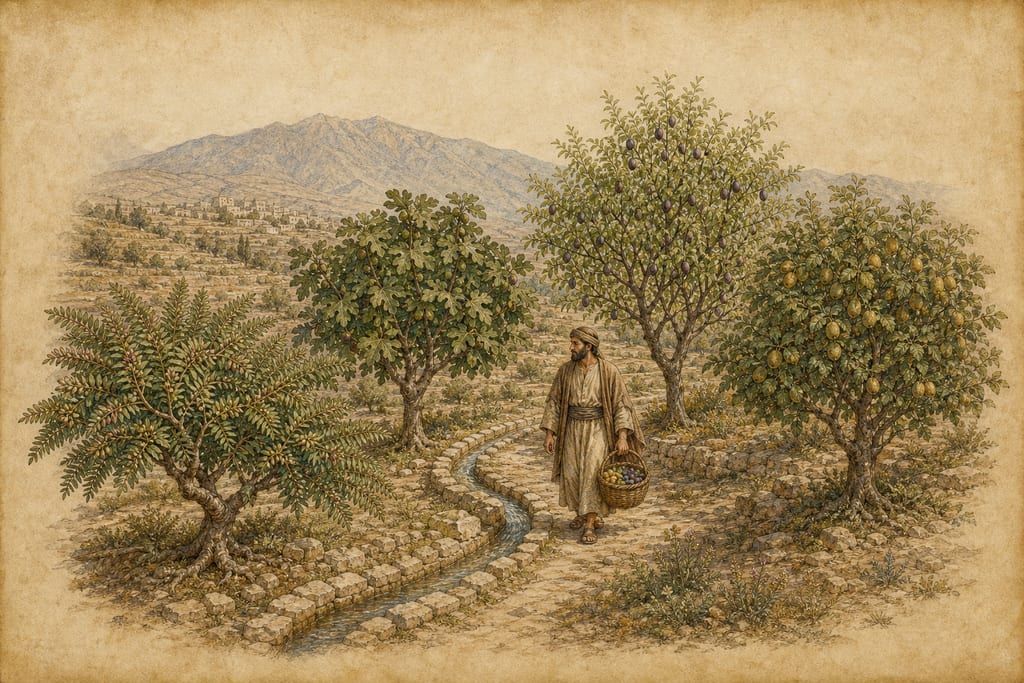 THE TREES OF SYRIA: THE PISTACIA, THE COTTANA, THE DAMASCENA, AND THE MYXA. Complete modern editorial illustration created specifically for this chapter.