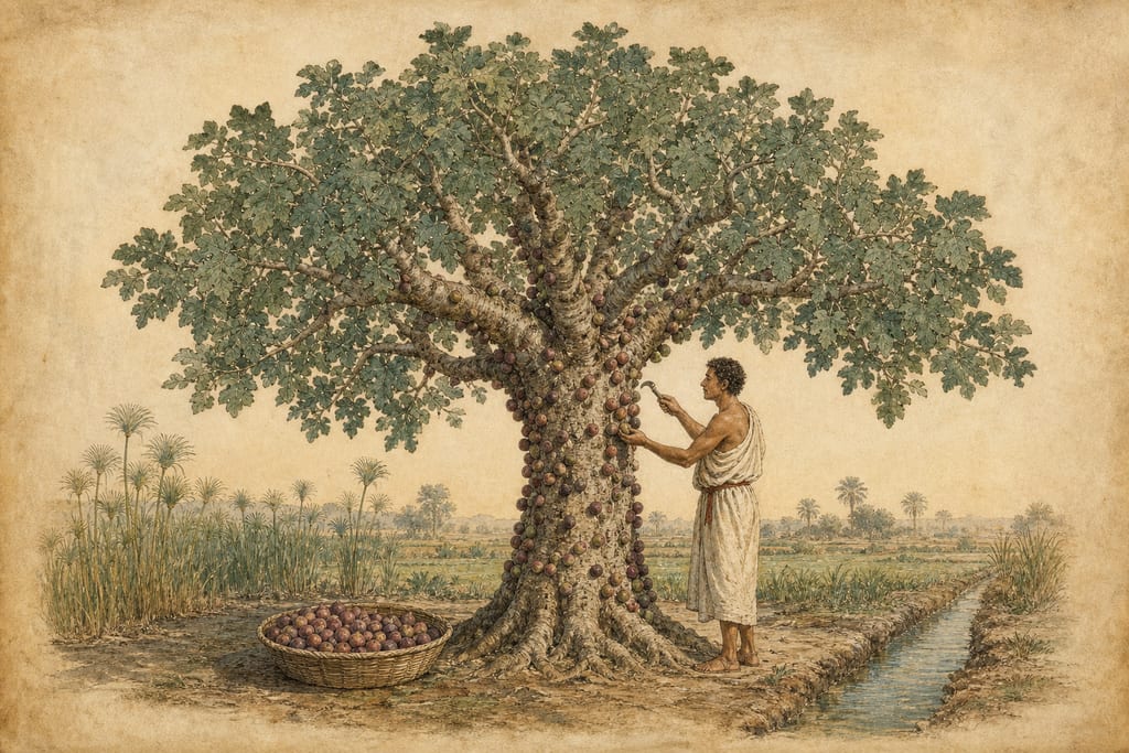 THE TREES OF EGYPT. THE FIG-TREE OF ALEXANDRIA. Complete modern editorial illustration created specifically for this chapter.