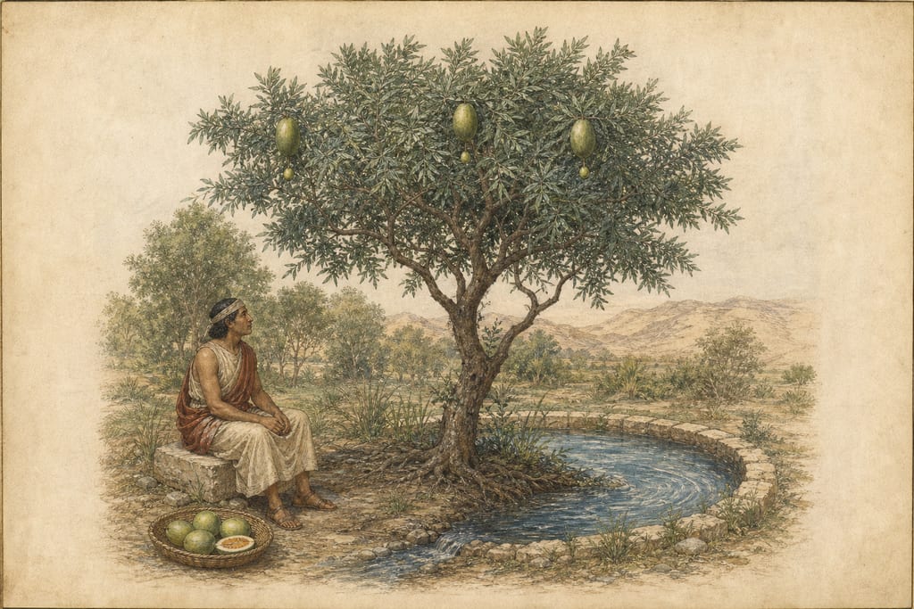 THE PERSIAN TREE. IN WHAT TREES THE FRUITS GERMINATE THE ONE BELOW THE OTHER. Complete modern editorial illustration created specifically for this chapter.