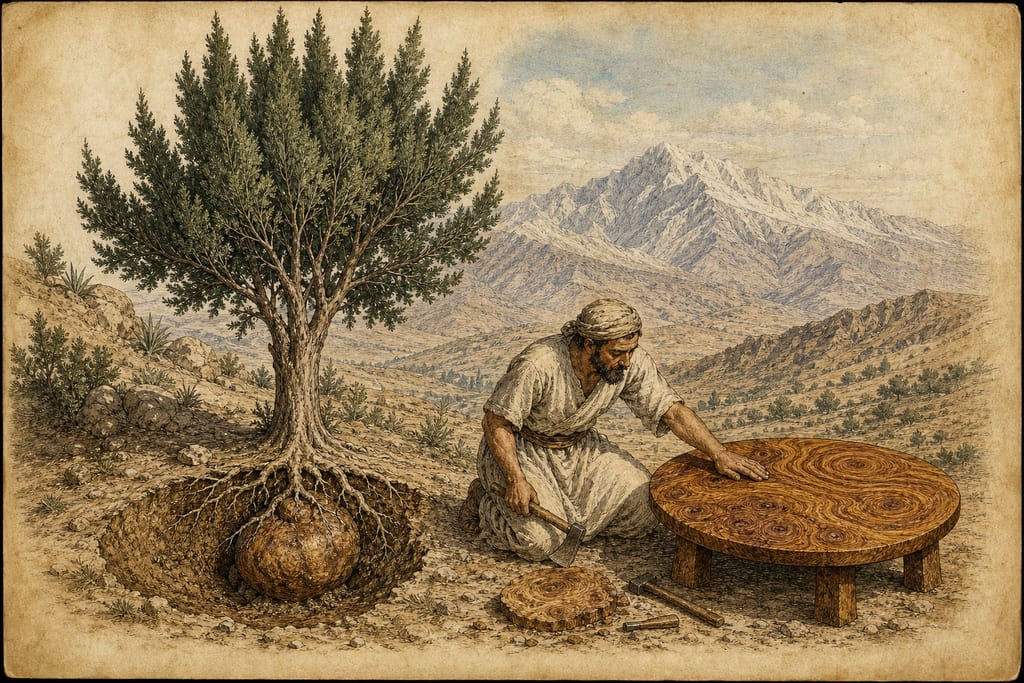 THE TREES OF MOUNT ATLAS. THE CITRUS, AND THE TABLES MADE OF THE WOOD THEREOF. Complete modern editorial illustration created specifically for this chapter.