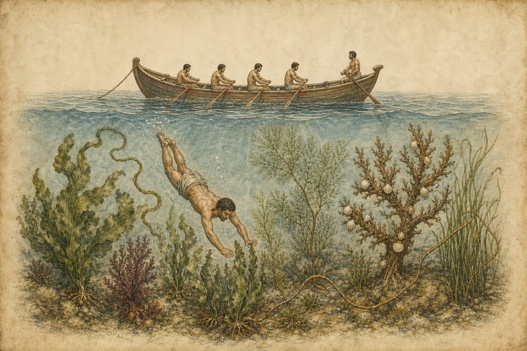 THE TREES AND SHRUBS OF THE MEDITERRANEAN. THE PHYCOS, PRASON, OR ZOSTER. Complete modern editorial illustration created specifically for this chapter.