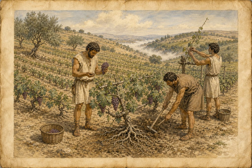 REMARKABLE FACTS CONNECTED WITH THE CULTURE OF THE VINE. Complete modern editorial illustration created specifically for this chapter.
